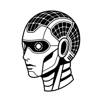 Futuristic robot head profile with solar panel detailing monochrome vector illustration