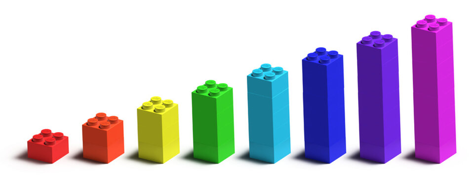 Stairs to success infographic concept made by colored Lego plastic blocks isolated. 3D graph, diagram, chart, bar or statistic. Rainbow RGB stair business creative solution. 3D editorial vector