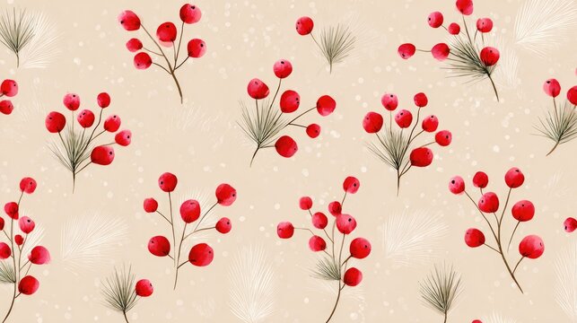 Red berries and abstract foliage on cream background for festive seasonal designs