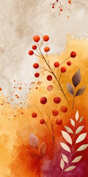Vibrant autumn watercolor with red berries and golden leaves on textured background