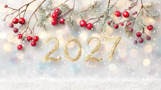 Elegant watercolor christmas background with red berries and golden branches