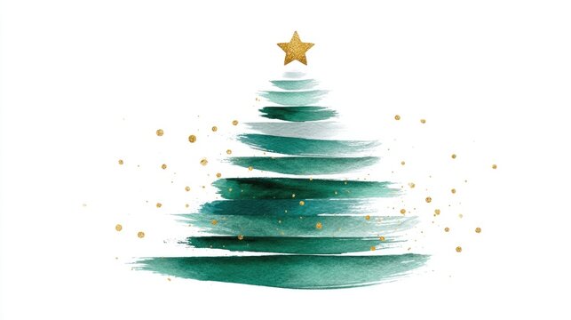 Artistic watercolor christmas tree with golden star and festive details