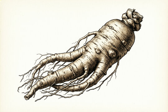 Detailed ink sketch illustration of organic dry ginseng root herb isolated on white background