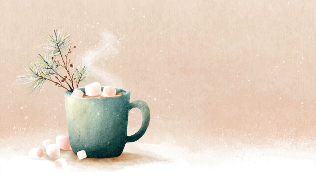 Cozy winter mug with marshmallows and pinecones on festive background