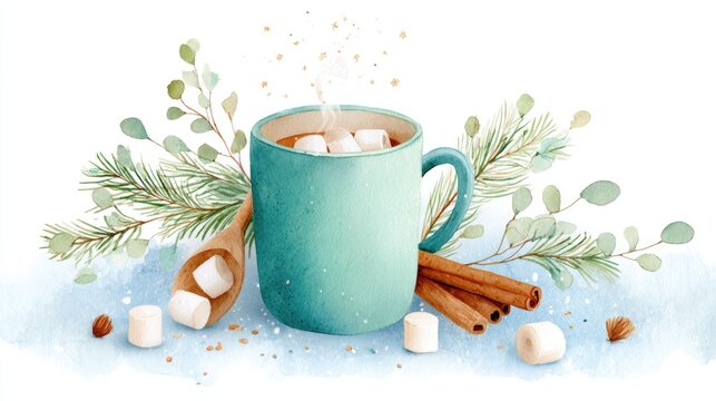 Cozy winter mug with hot chocolate, marshmallows, and cinnamon sticks in watercolor design