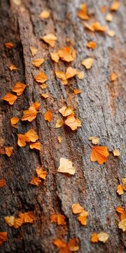 Autumn leaves on weathered wooden planks capturing seasonal serenity in nature