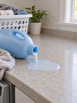 Spilled blue liquid fabric softener pooling on a speckled countertop next to a laundry basket and towel. Household cleaning accident and laundry room mishap