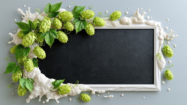 Hop cones and beer foam border, Rustic chalkboard frame design, Oktoberfest beverage branding element