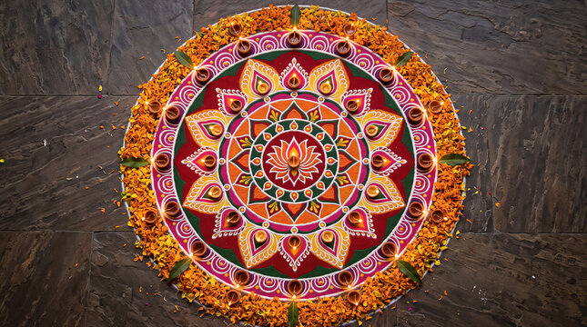 Colorful Diwali rangoli with glowing oil lamps and marigold petals