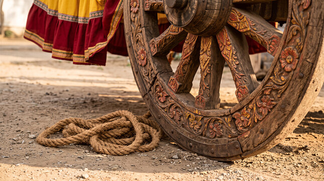 Ornately carved wooden chariot wheel resting on dusty ground