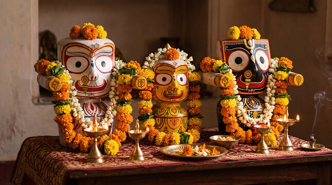 Jagannath deity statues adorned with flowers on a Hindu shrine altar