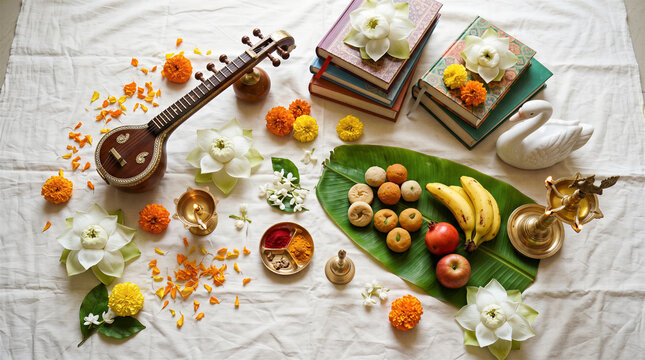 Saraswati puja offerings with veena, books, flowers and fruit