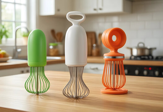 Culinary innovation and modern kitchen tools, colorful manual whisks for cooking and baking preparation on a wooden countertop in a home kitchen interior