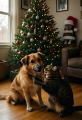 Fototapeta premium Pet friendship and holiday joy, dog and cat playing together in front of a decorated christmas tree in a cozy living room during the winter season