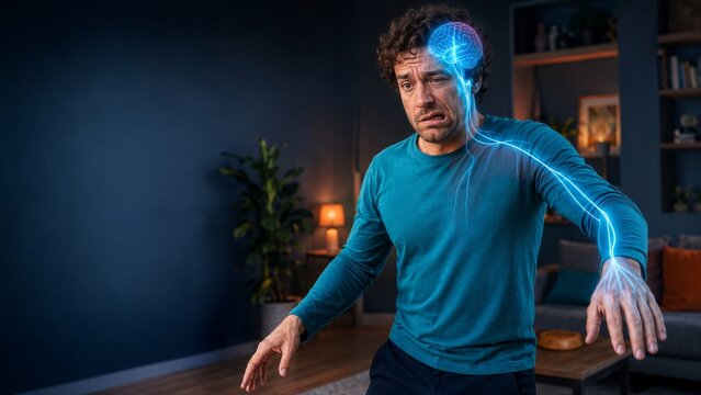 Man extending his arms with a glowing brain and nerve overlay at home. Uneven hand positions and a concerned expression convey a stroke warning concept against a blue wall with open space.
