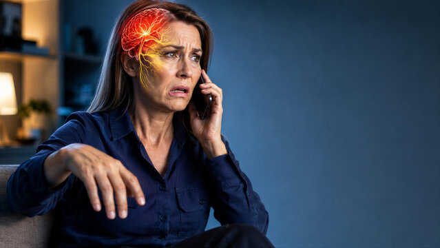 Woman holding a phone with a red brain and facial nerve overlay. Her tense expression and lowered wrist present a stroke awareness concept in a dim living room with a warm lamp and blue wall.
