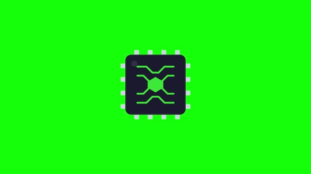 CPU Microchip Animation Icon on Green Screen Background