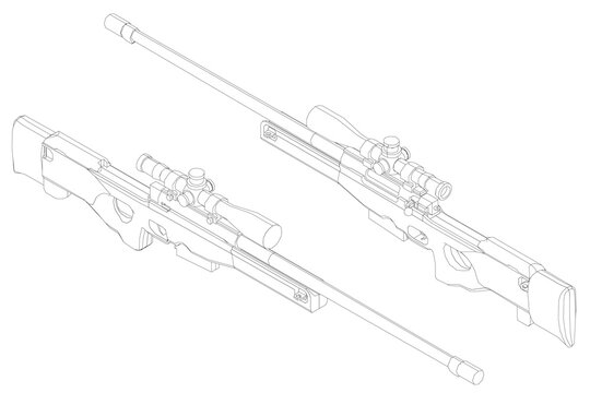 Detailed drawing of a sniper rifle with a scope, long barrel, and wooden stock, shown in isometric view on a white background.