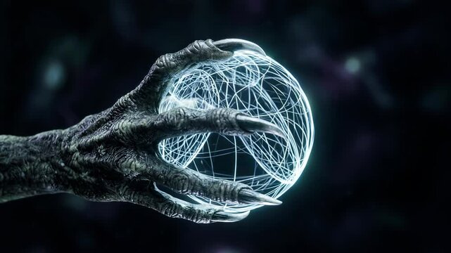 Alien monster hand reaching toward glowing plasma energy sphere on dark space background. Clawed grasp closing around luminous orb. UFO, alien encounter concept.