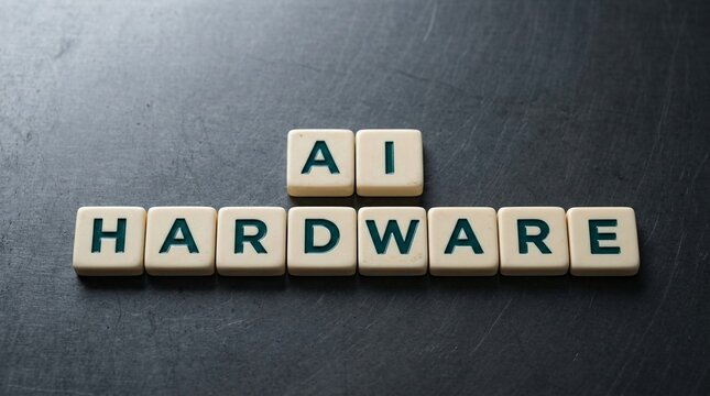 AI Hardware spelled with letter tiles on a textured dark background, representing technological innovation
