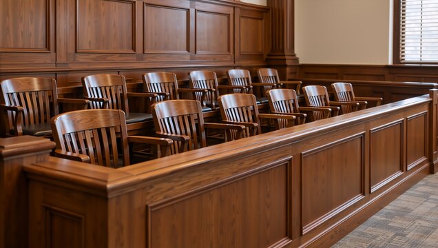Empty wooden jury box seats in a solemn courtroom with polished wood paneling and blinds, representing justice, the legal system, and deliberation during a trial, law and court proceedings