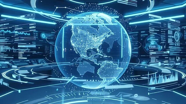High-tech command center showcasing a glowing holographic Earth surrounded by advanced digital interfaces and futuristic controls.

