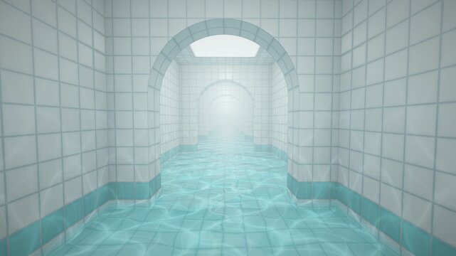 Liminal Poolrooms Tiled Corridor with Water and Caustics Seamless Loop