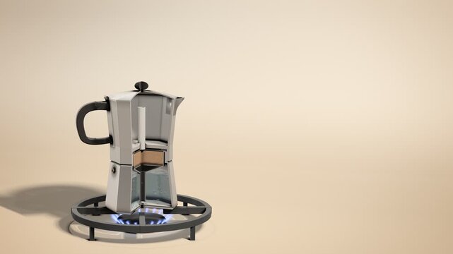 Moka Pot Cross Section Brewing Coffee on Gas Stove Animation