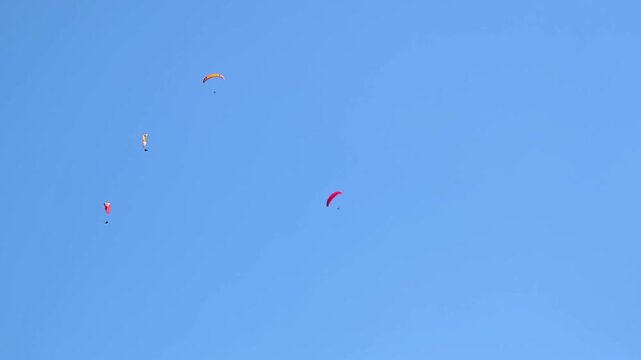 Paragliders flying high over clear blue sky. Extreme paragliding sport provides amazing sense true freedom. Summer outdoor flight adventure concept