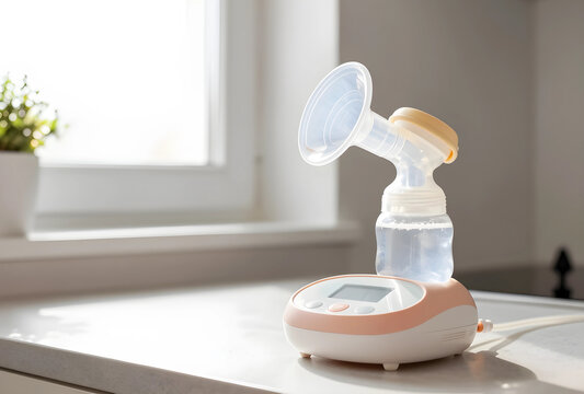 Breastfeeding and motherhood support, electric breast pump on a kitchen counter for postpartum recovery and infant nutrition in a modern home setting