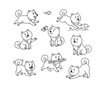 Cute shiba inu puppy dog line art coloring page set. Kawaii pet animal character aesthetic lineart sticker design. Kids activity book print embroidery baby nursery craft decor.