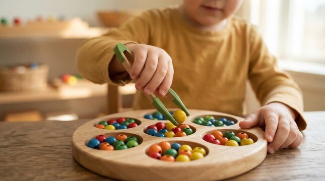 child motor skill activity closeup Child playing a wooden marble solitaire game at a table indoors.