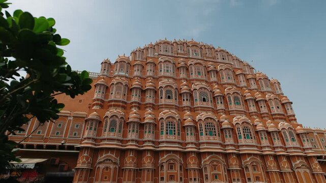 Ornate architecture of the pink hawa mahal palace in jaipur, india, revealing its facade
