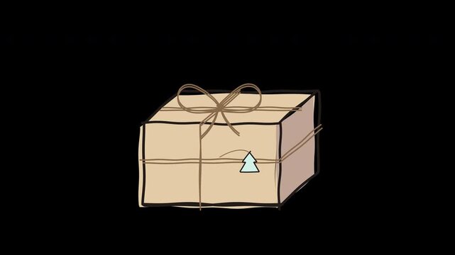Hand Drawn brown gift box with twine bow tree tag winter present parcel 4K Animation with alpha transparent background