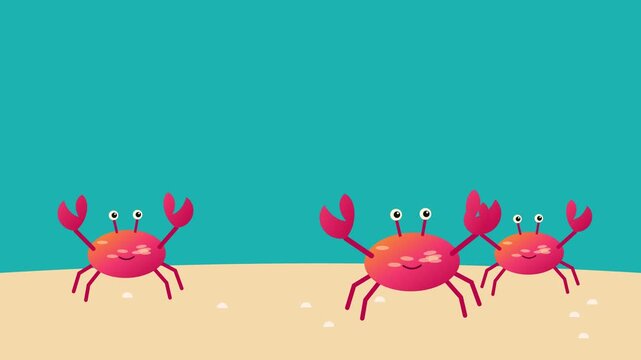 Funny red cartoon crabs dancing on sandy beach, seamless loop animation. Cute sea animals with claws on teal background, flat 2D motion graphics summer
