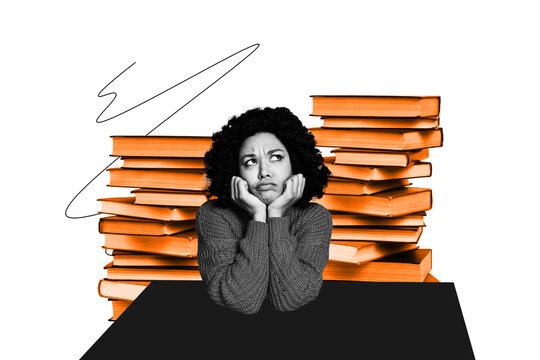 Creative trend artwork design 3D collage sketch of student textbook study library read young woman sit confused think minded pile book