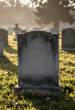Grief and loss concept blank tombstone in a cemetery at sunset with soft golden light for memorial remembrance and funeral planning advertisement