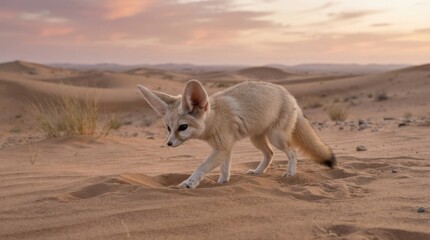 Fototapeta premium A fennec fox walking across the vast sandy dunes of the Sahara desert during a golden sunset