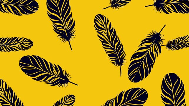 Black feathers bursting outward from the center and reassembling on a bright yellow background in a seamless loop