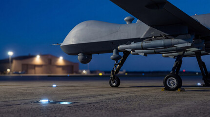 Fototapeta premium Military drone parked on airfield at night. Unmanned aerial vehicle armed with missiles. Advanced aerospace technology for surveillance and combat mission. Modern global war weapon system.