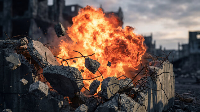 Powerful explosion in ruined city street during military conflict. Debris of concrete building flying in air with fire. Concept of global modern warfare and destruction of urban area.