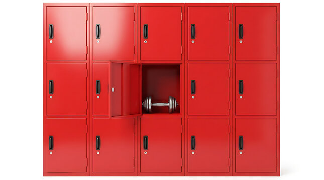 Heavy dumbbell inside open red metal locker for fitness and gym training concept