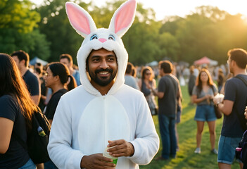 Fototapeta premium Easter celebration and community event, man wearing a bunny costume at a festive outdoor gathering with friends in a park during a sunny afternoon