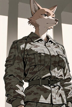 Anthropomorphic fox officers in tactical camouflage uniforms, concept art portrait set⁠