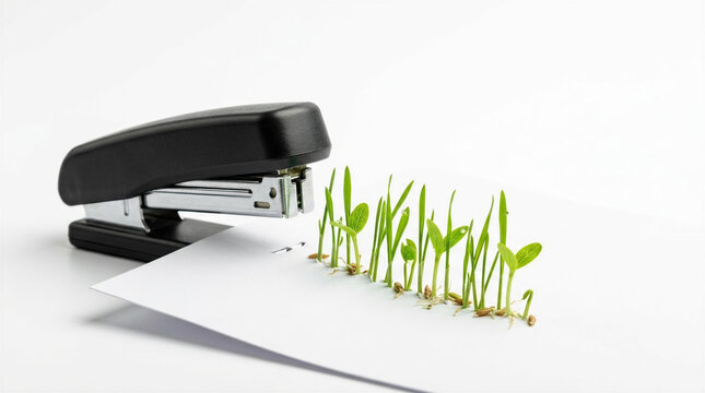 Conceptual image of an office stapler leaving a trail of fresh green grass sprouts on paper instead of staples, symbolizing green business, eco-friendly office, and sustainability