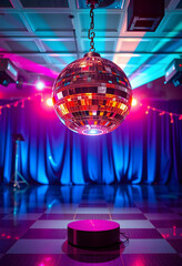 Fototapeta premium Nightlife and party atmosphere, disco ball reflecting colorful neon lights in a dance club with blue curtains and checkered floor for event celebration
