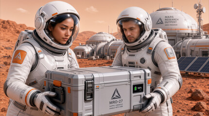 Fototapeta premium Astronauts carrying supply crate at research outpost on planet surface similar to Mars. Space explorers working at extraterrestrial colony during interplanetary mission.