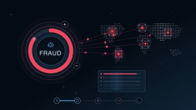 AI Agent Fraud Detection Interface, Animated Data Visualization, Fraud Risk Analysis Dashboard, Dynamic UI Elements, Cyber Security Technology, Data Protection Graphics, Digital Analytics Display
