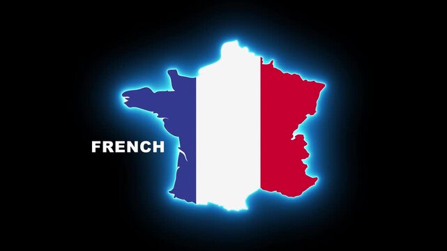 French map outlines blue neon glow with national flag texter on black background alpha channel.