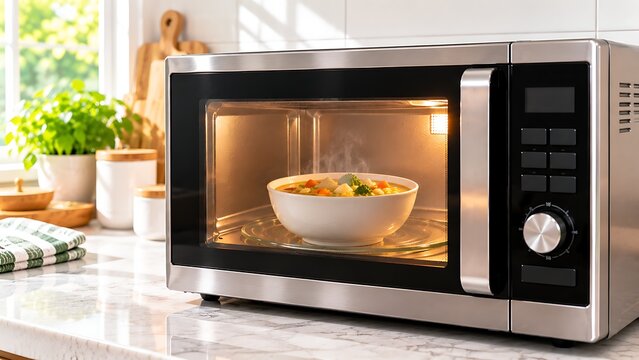 Modern stainless steel microwave oven heating a white bowl of hot vegetable soup in a kitchen